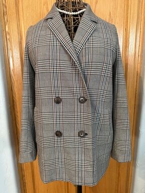 Madewell Double-Breasted Plaid Blazer in Gray, Brown, and Black. Size small